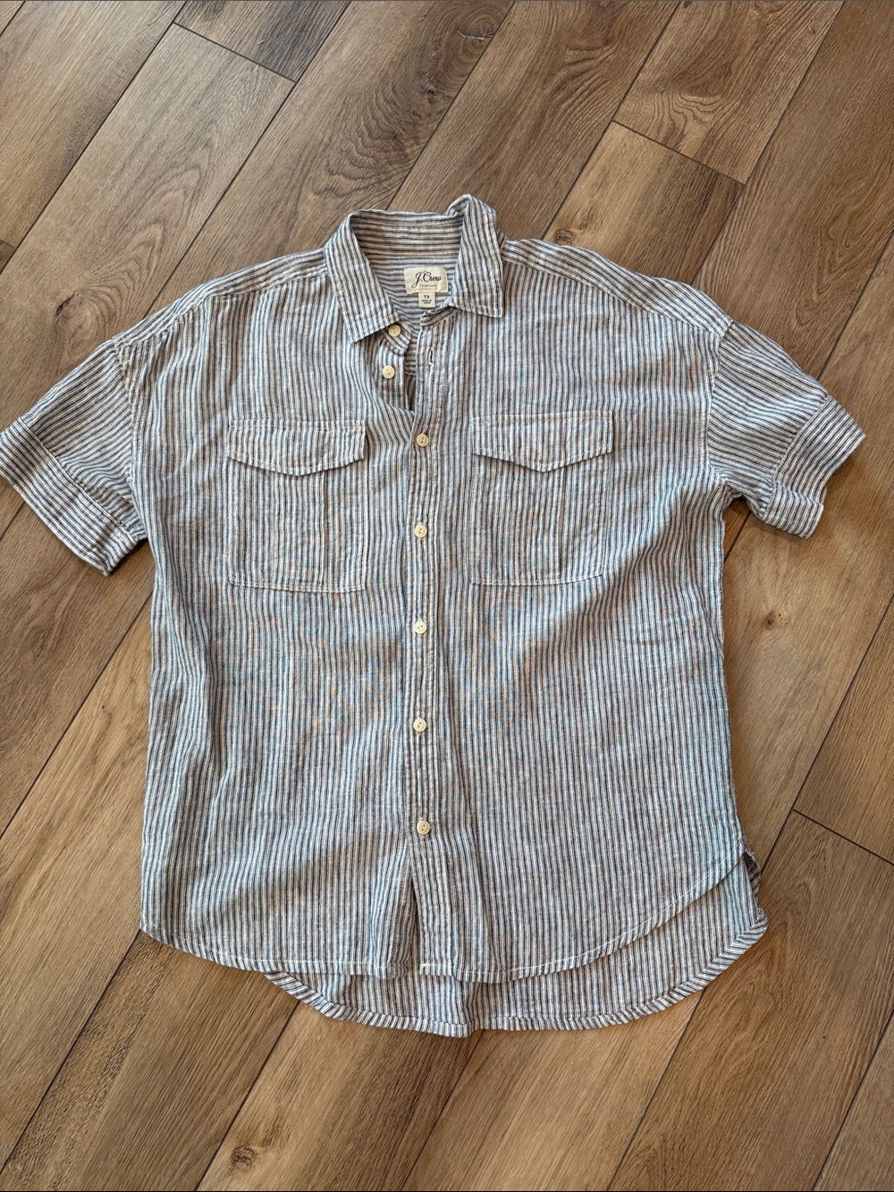 J. Crew Short-Sleeve Linen Button-Up Shirt in Blue and White